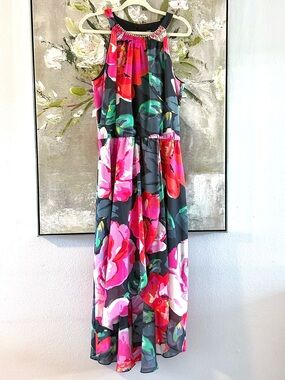 Floral Embellished Halter High-Low Maxi Dress